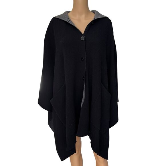 Theory button down Felted Wool-Cashmere Hooded Poncho - Black / Grey size P/S - Picture 6 of 8